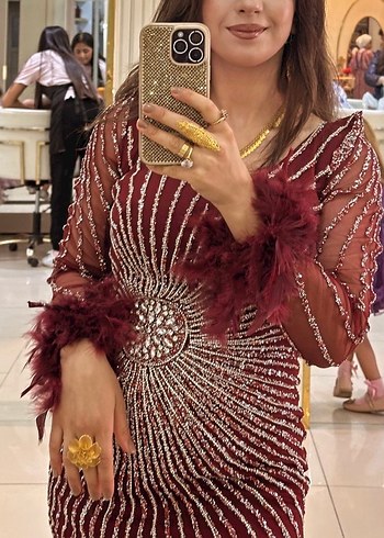 Bordo İşlemeli Uzun Kollu Abiye Elbise - Görsel 2