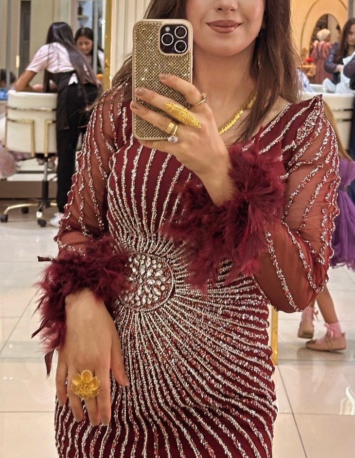 Bordo İşlemeli Uzun Kollu Abiye Elbise - Görsel 2