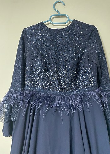 Uzun Kollu Lacivert Drapeli Abiye Elbise - Görsel 3