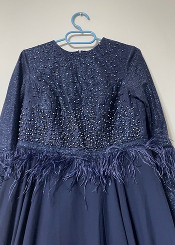 Uzun Kollu Lacivert Drapeli Abiye Elbise - Görsel 4