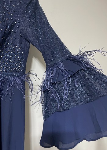 Uzun Kollu Lacivert Drapeli Abiye Elbise - Görsel 2