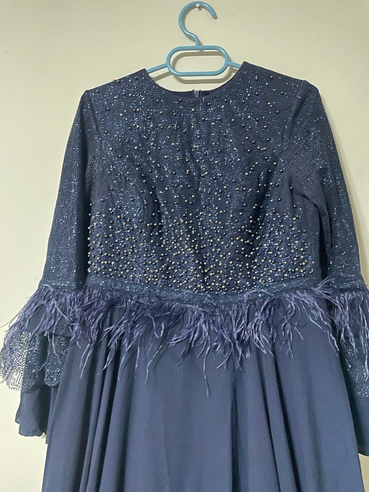 Uzun Kollu Lacivert Drapeli Abiye Elbise - Görsel 3