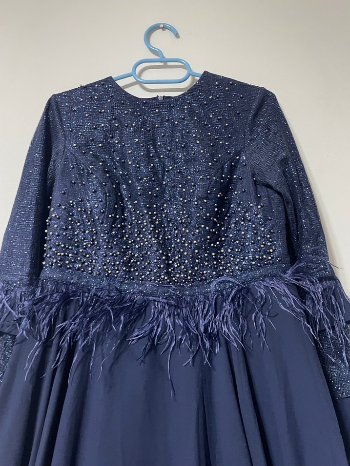 Uzun Kollu Lacivert Drapeli Abiye Elbise - Görsel 4