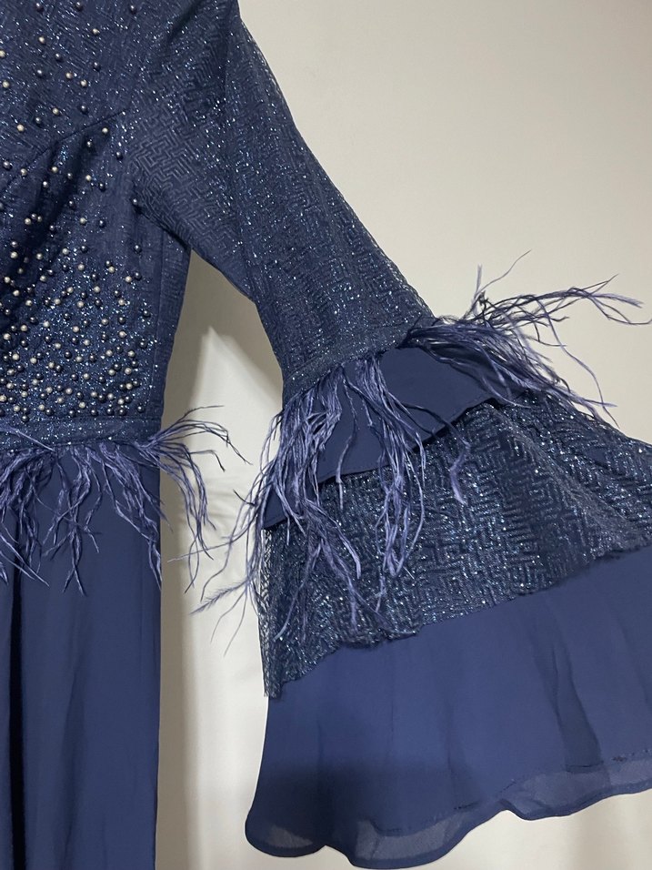 Uzun Kollu Lacivert Drapeli Abiye Elbise - Görsel 2