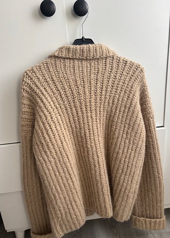 Bej Örgü Yüksek Yakalı Kadın Hırka - Görsel 3