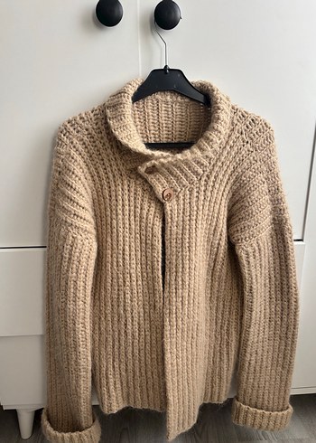 Bej Örgü Yüksek Yakalı Kadın Hırka - Görsel 2