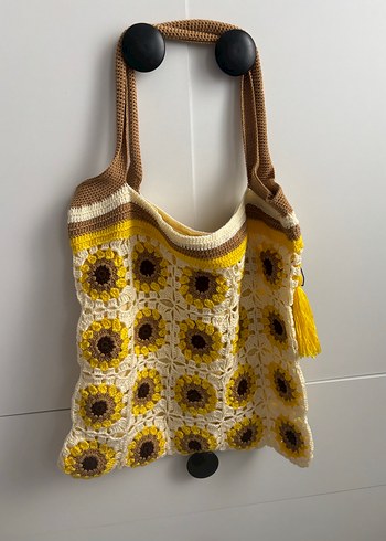 Sarı Nakışlı Örgü Bohem Kadın Çanta - Görsel 2