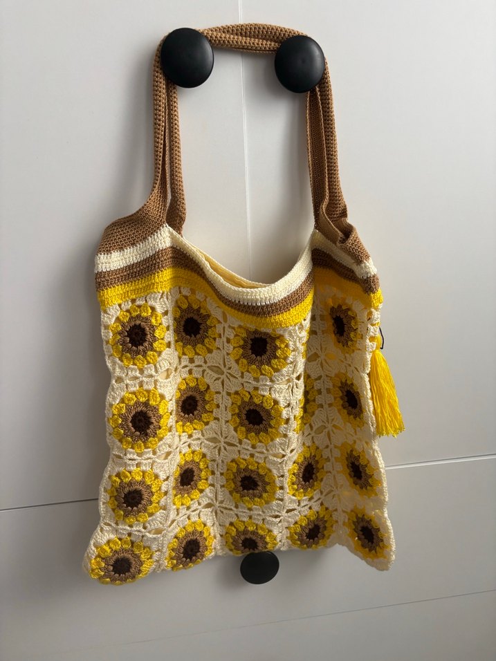 Sarı Nakışlı Örgü Bohem Kadın Çanta - Görsel 2