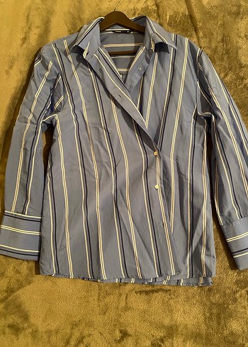 Mavi Çizgili Düğmeli Kadın Gömlek - Görsel 4