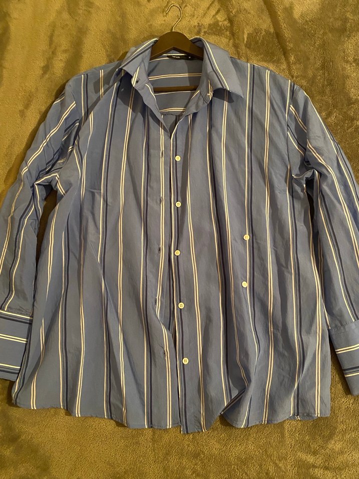 Mavi Çizgili Düğmeli Kadın Gömlek - Görsel 3