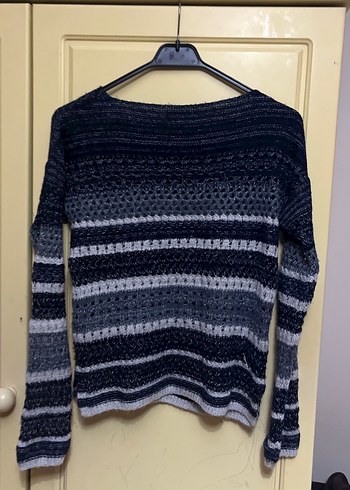 Gri Çizgili Örgü Kadın Kazak - Görsel 3