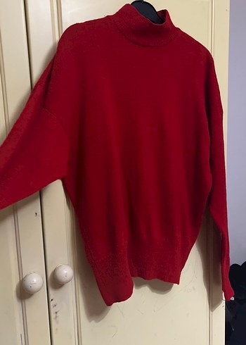 Kırmızı Yüksek Yakalı Kadın Triko Kazak - Görsel 2