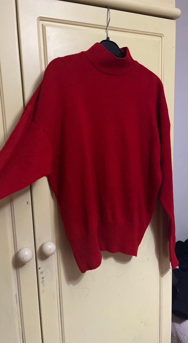 Kırmızı Yüksek Yakalı Kadın Triko Kazak - Görsel 2