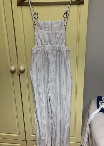 Bej Keten Kadın Uzun Askılı Tulum - Görsel 3