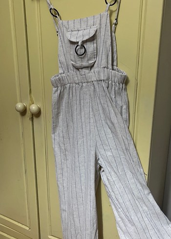 Bej Keten Kadın Uzun Askılı Tulum - Görsel 2