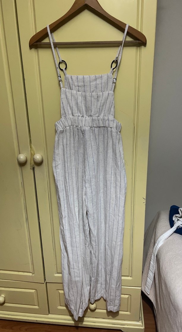 Bej Keten Kadın Uzun Askılı Tulum - Görsel 3