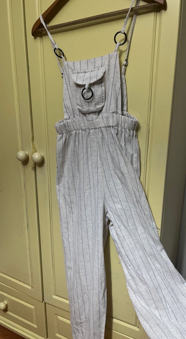 Bej Keten Kadın Uzun Askılı Tulum - Görsel 2