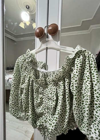 Yeşil Leopar Desenli Kısa Keten Bluz - Görsel 4