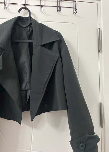 Düğmeli Antrasit Kadın Crop Trençkot - Görsel 2
