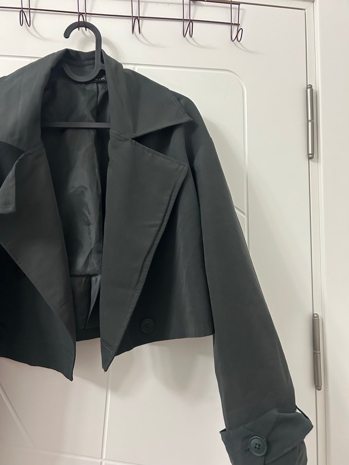 Düğmeli Antrasit Kadın Crop Trençkot - Görsel 2