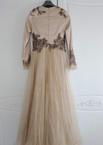 Nakışlı Bej Uzun Abiye Elbise - Görsel 4