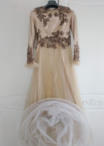 Nakışlı Bej Uzun Abiye Elbise - Görsel 2