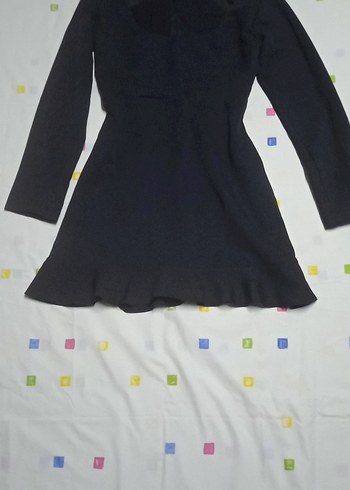 Siyah V Yaka Uzun Kollu Mini Elbise - Görsel 2