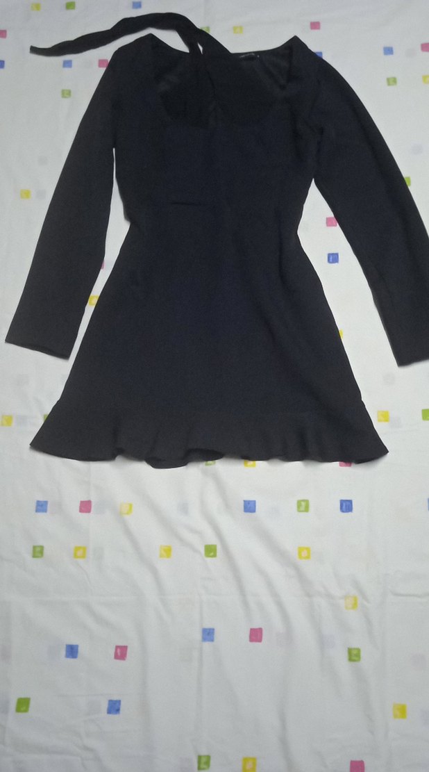 Siyah V Yaka Uzun Kollu Mini Elbise - Görsel 2