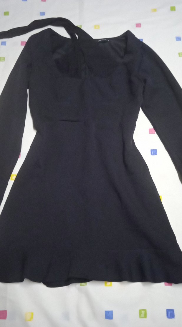 Siyah V Yaka Uzun Kollu Mini Elbise - Görsel 3