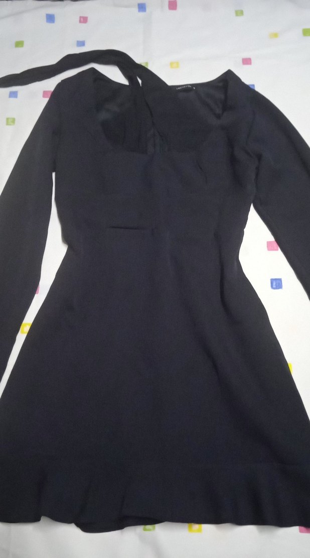 Siyah V Yaka Uzun Kollu Mini Elbise - Görsel 4