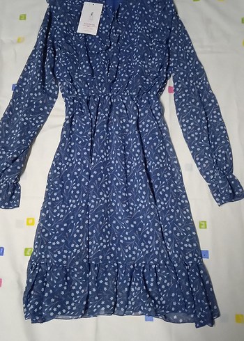 Mavi Renkli V Yaka Uzun Kollu Midi Elbise - Görsel 3