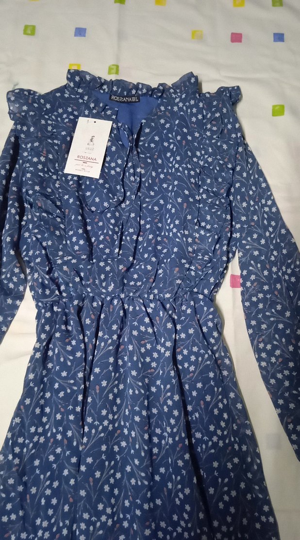 Mavi Renkli V Yaka Uzun Kollu Midi Elbise - Görsel 5