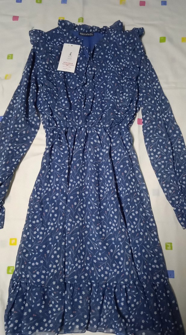 Mavi Renkli V Yaka Uzun Kollu Midi Elbise - Görsel 4