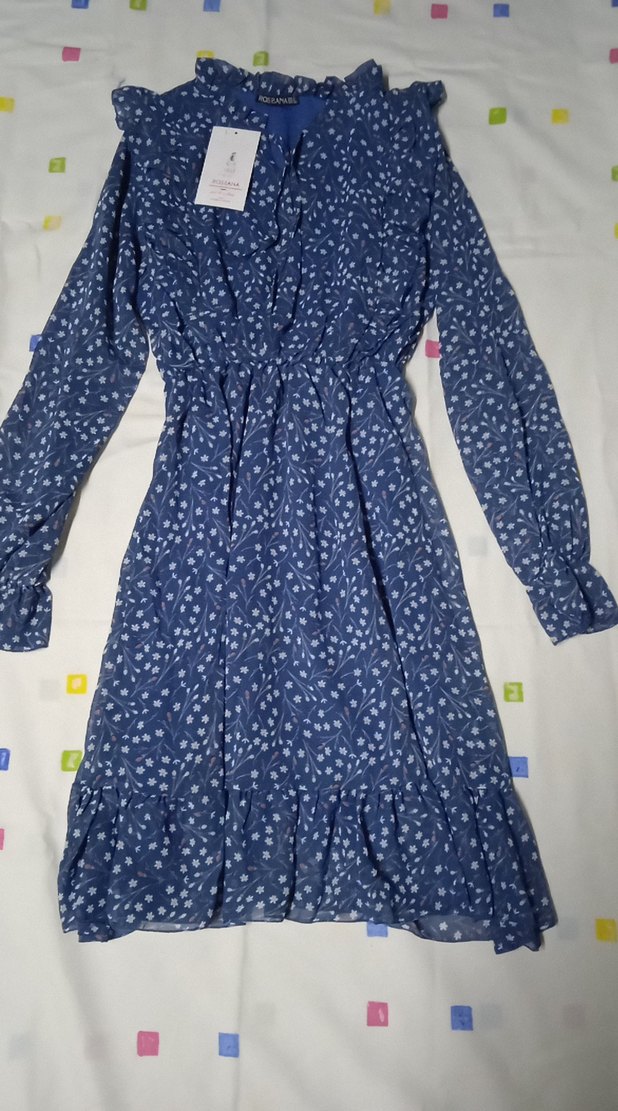 Mavi Renkli V Yaka Uzun Kollu Midi Elbise - Görsel 3