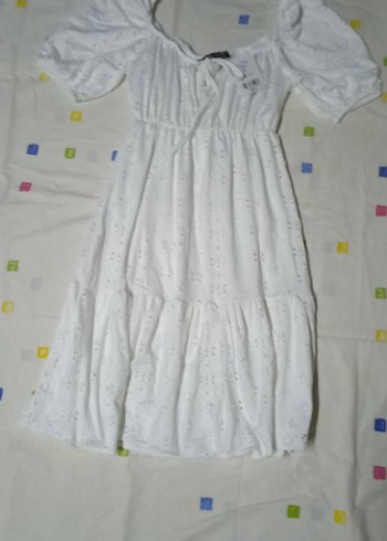 Uzun Beyaz Nakışlı Pamuklu Bohem Elbise - Görsel 2