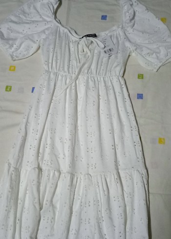 Uzun Beyaz Nakışlı Pamuklu Bohem Elbise - Görsel 5