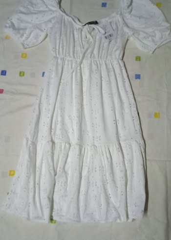 Uzun Beyaz Nakışlı Pamuklu Bohem Elbise - Görsel 3