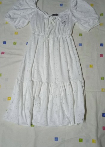 Uzun Beyaz Nakışlı Pamuklu Bohem Elbise - Görsel 4