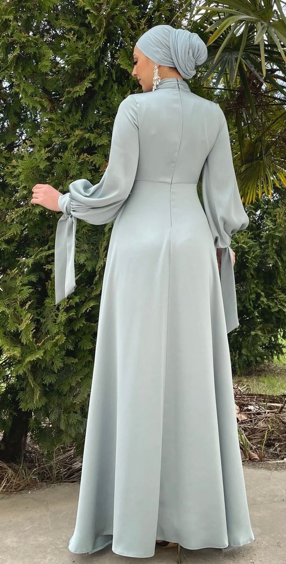 Gri Uzun Kollu Etnik Desenli Kadın Elbise - Görsel 3