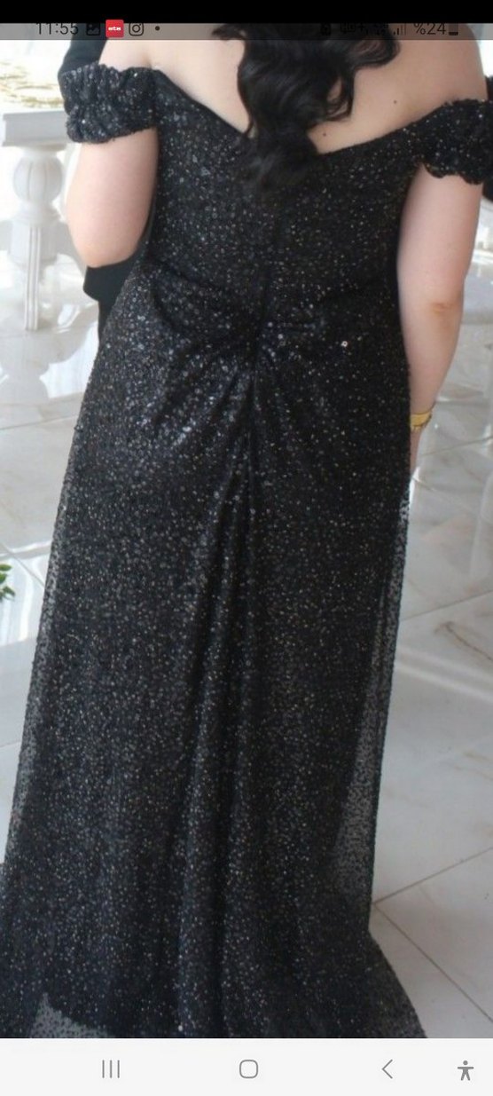 Siyah Simli Uzun Madonnda Yaka Kadın Abiye Elbise - Görsel 3