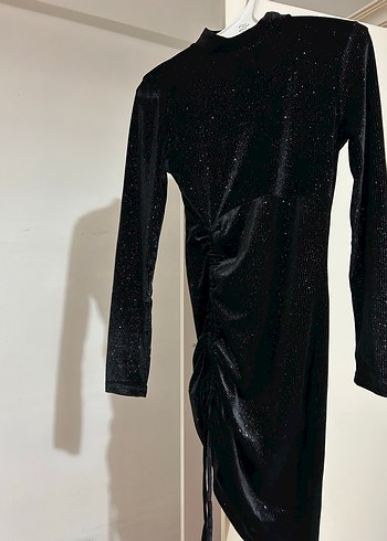 Siyah Drapeli Uzun Kollu Kadın Abiye Elbise - Görsel 2