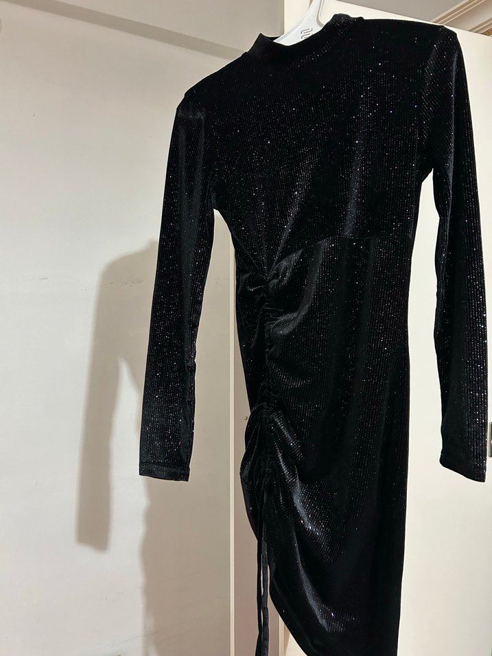 Siyah Drapeli Uzun Kollu Kadın Abiye Elbise - Görsel 2