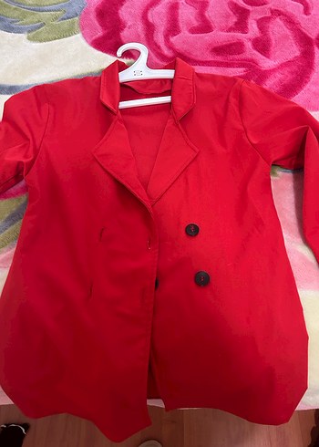 Düğmeli Kırmızı Midi Kadın Keten Ceket - Görsel 2