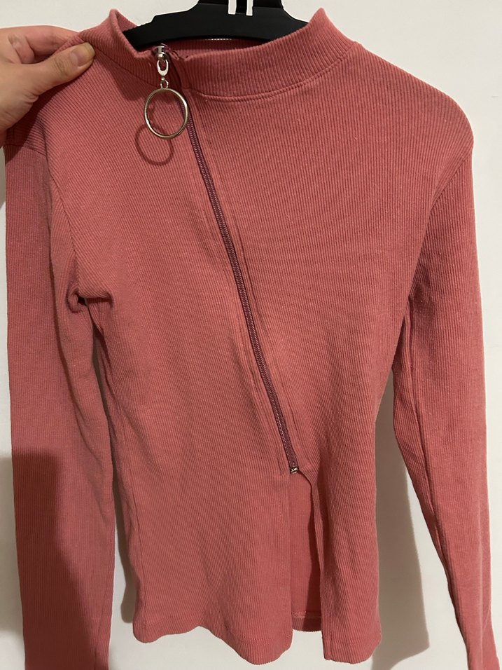 Pembe Süet Fermuarlı Yüksek Yaka Kadın Kazak - Görsel 2