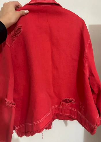 Kırmızı Düğmeli Kadın Denim Ceket - Görsel 3