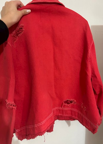Kırmızı Düğmeli Kadın Denim Ceket - Görsel 4