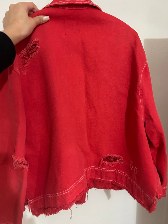 Kırmızı Düğmeli Kadın Denim Ceket - Görsel 3