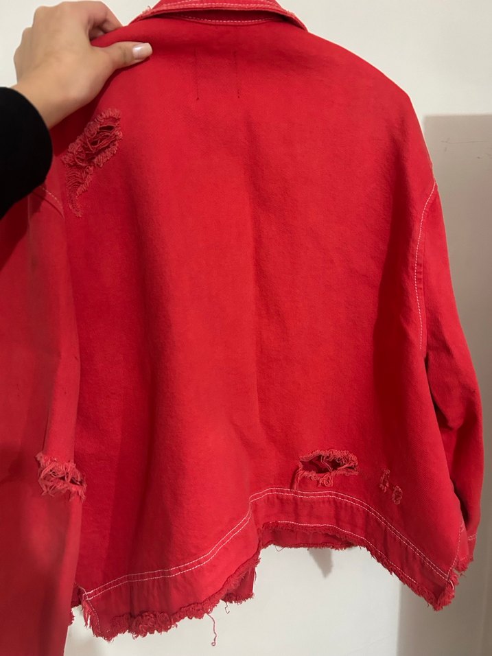 Kırmızı Düğmeli Kadın Denim Ceket - Görsel 4