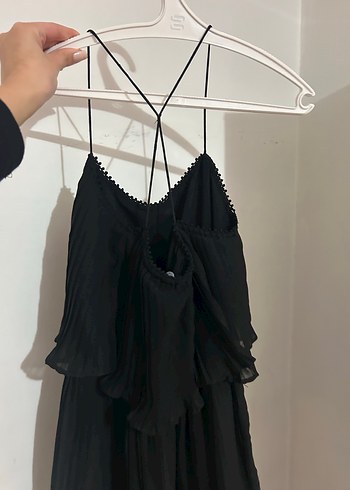 Siyah Askılı Volanlı Midi Kadın Elbise - Görsel 3