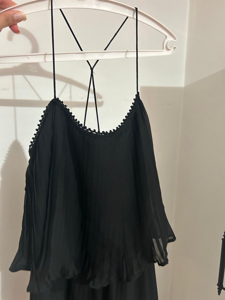 Siyah Askılı Volanlı Midi Kadın Elbise - Görsel 2
